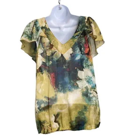 Sunny Leigh Women's Green Yellow Watercolors Blouse Size L Boho Art To Wear - Picture 2 of 13
